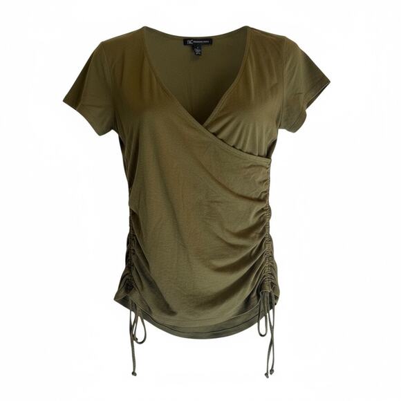 INC International Concepts Wrap/Ruched Olive Green V-Neck Top - Medium - Picture 2 of 5